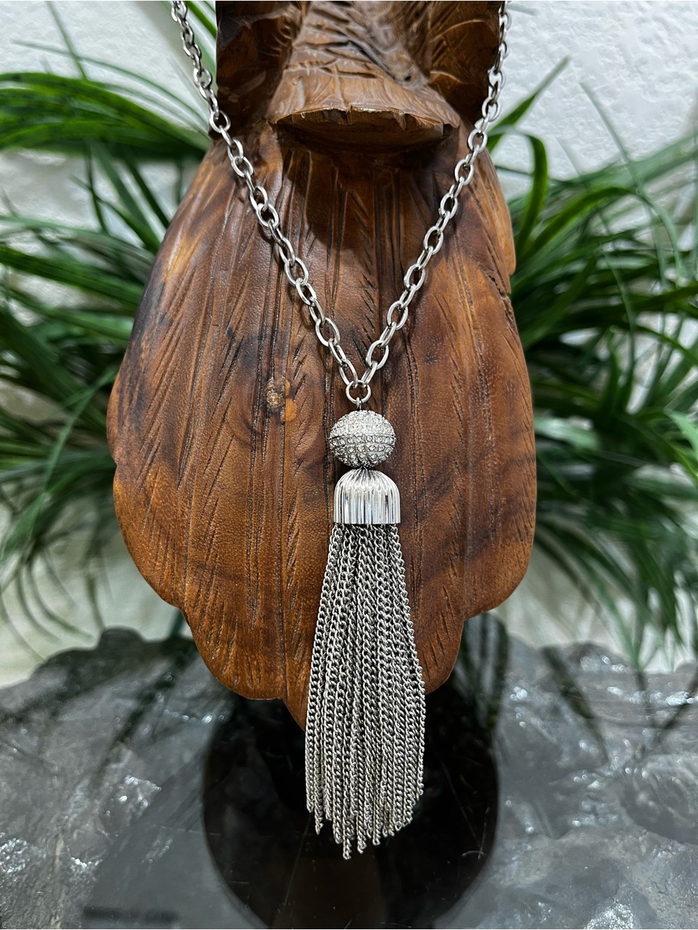 Vintage New York & Company Silver-Tone Rhinestone Pavé Tassel Necklace
